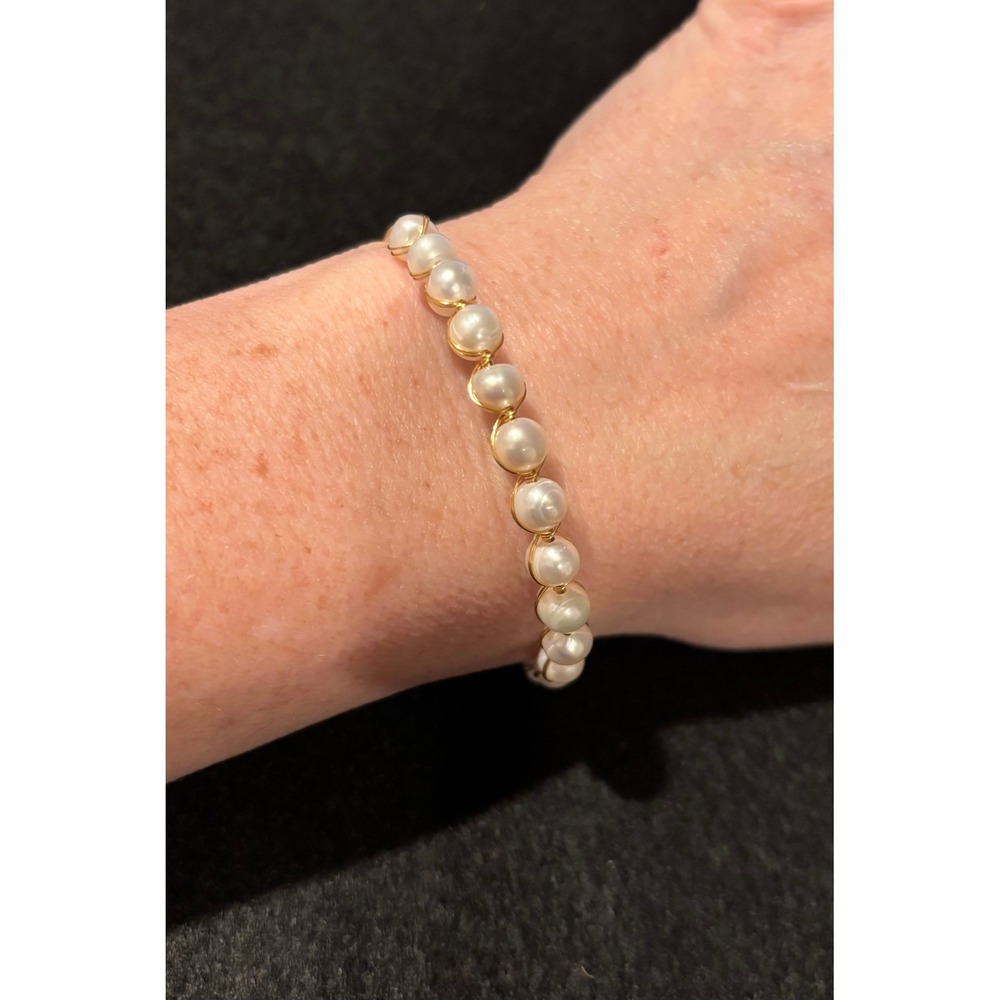 Natural Pearl Gold Wire Wrapped Open Cuff Bracelet White Round Beads
